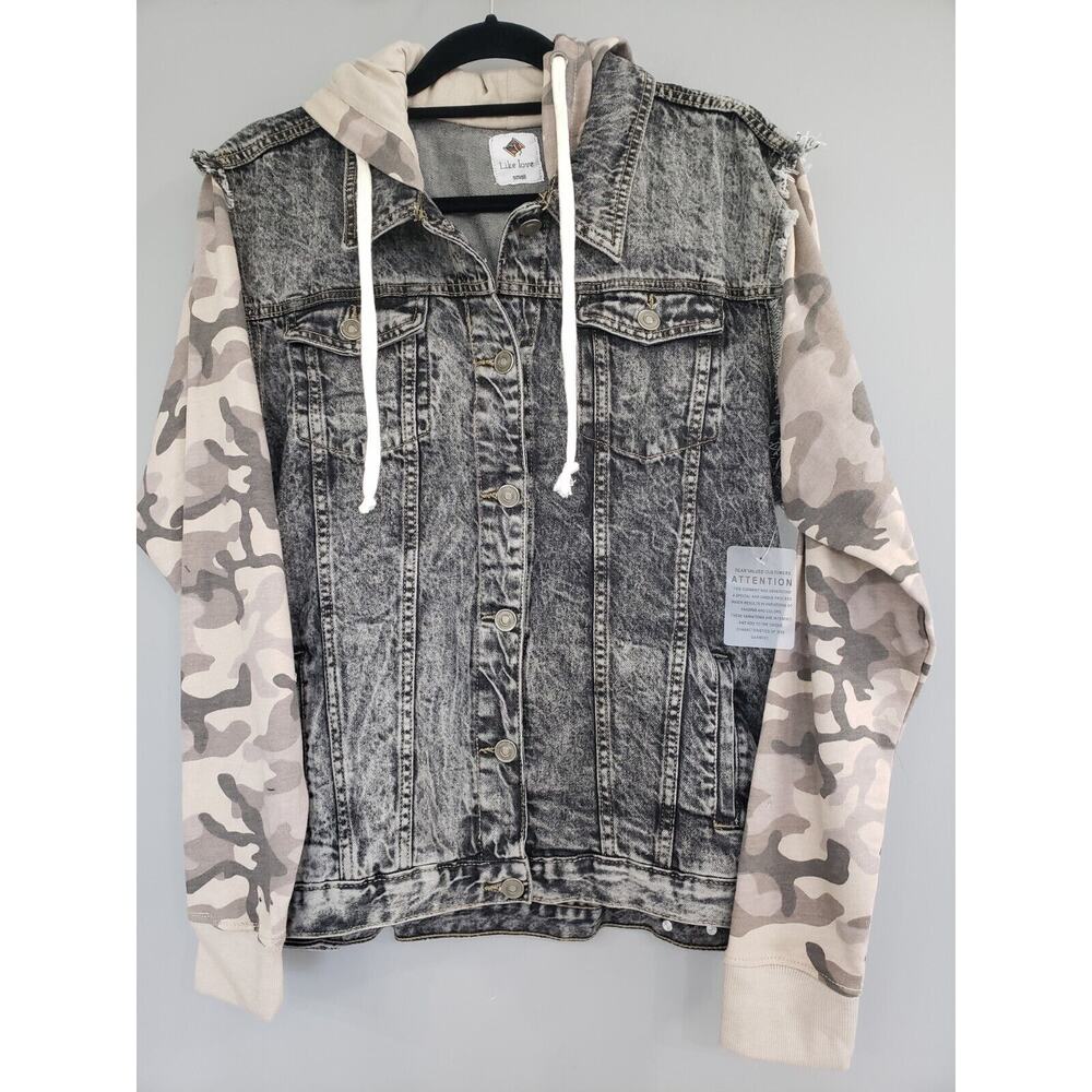 NEW SIZE SMALL Like Love Camo Hooded Button Up Jean Jacket Hoodie Sweatshirt y2k
